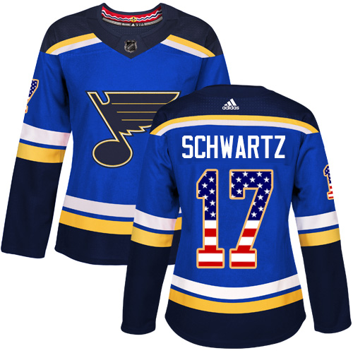 Adidas Blues #17 Jaden Schwartz Blue Home Authentic USA Flag Women's Stitched NHL Jersey